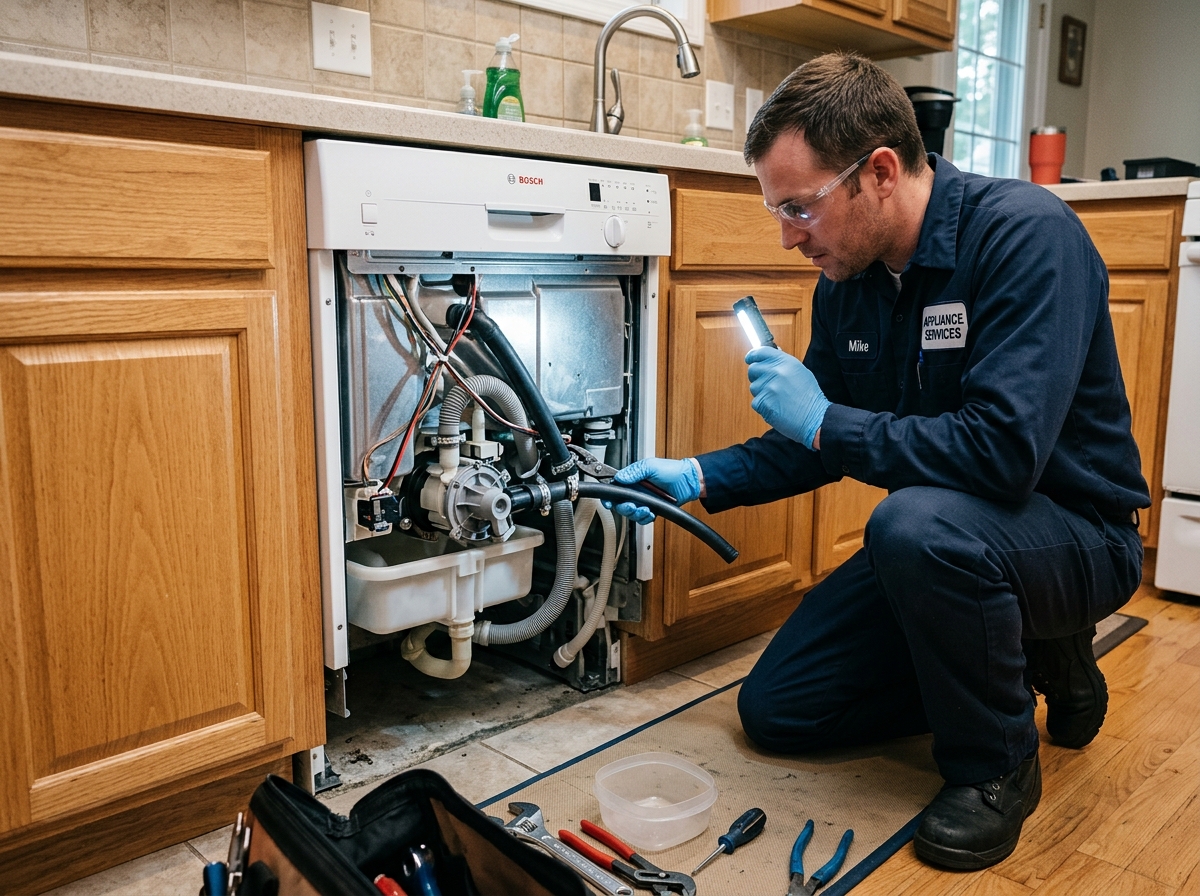 Technician inspecting dishwasher pump and drain components under kitchen counter
