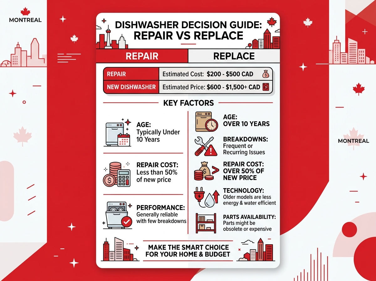Infographic showing repair vs replace decision guide for a 10-year-old dishwasher