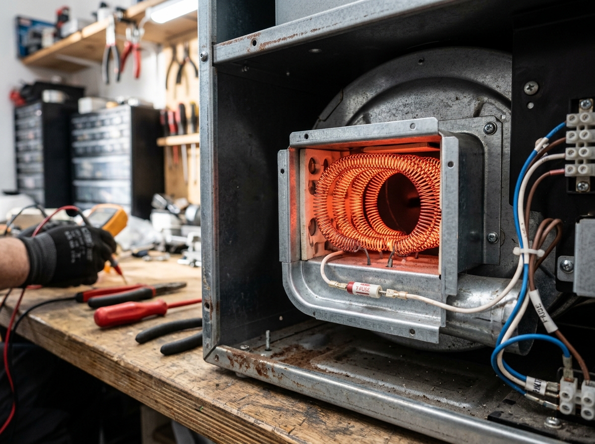 Close-up of dryer heating element and thermal fuse components showing repair access