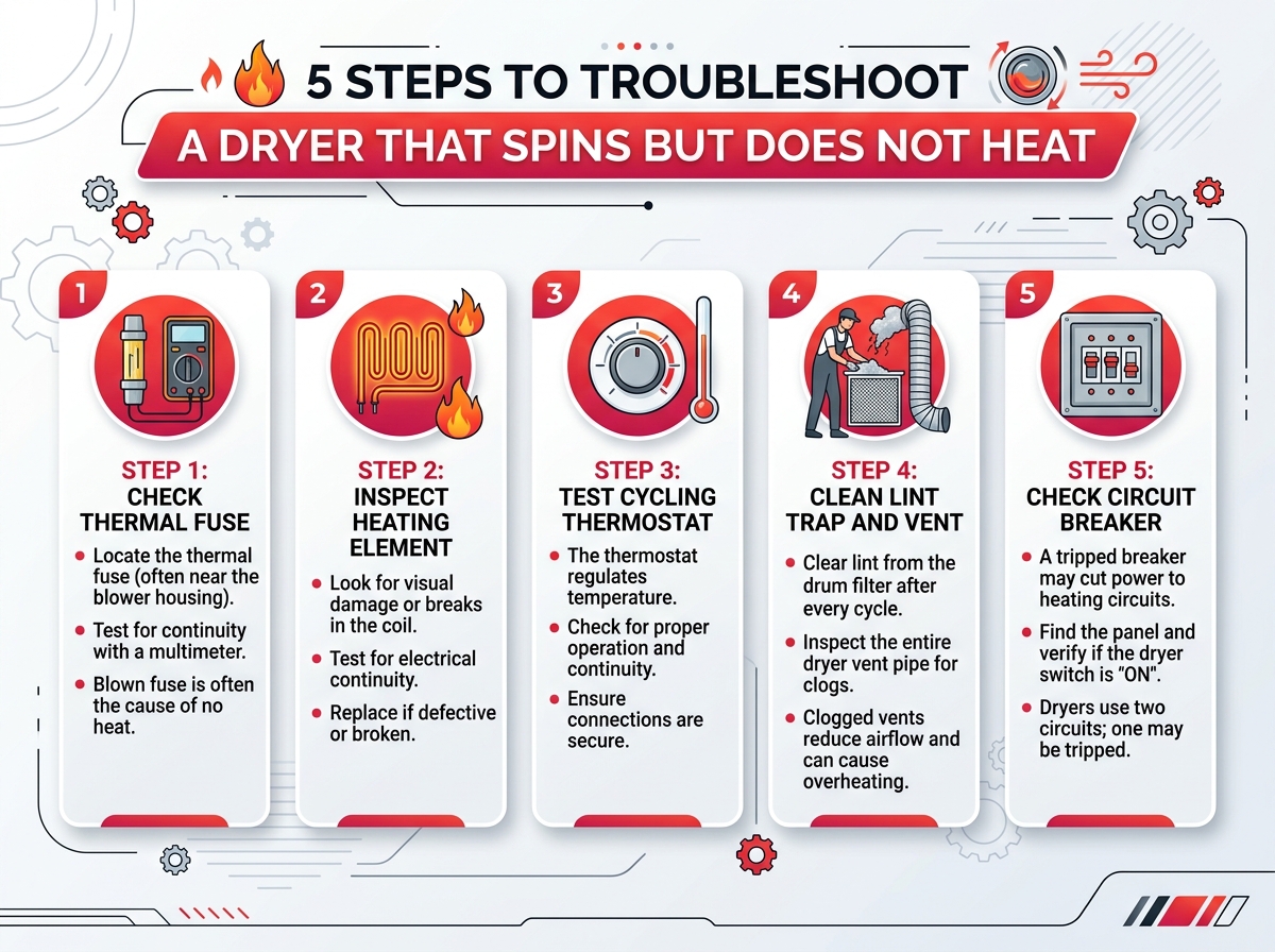 Infographic showing 5 steps to troubleshoot a dryer that spins but does not heat