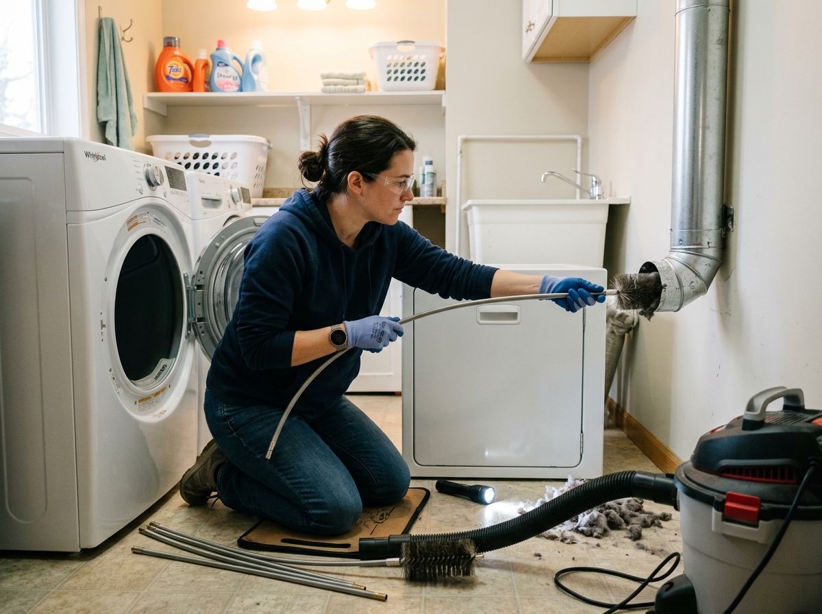 Person cleaning dryer vent duct with a brush as part of fire safety maintenance