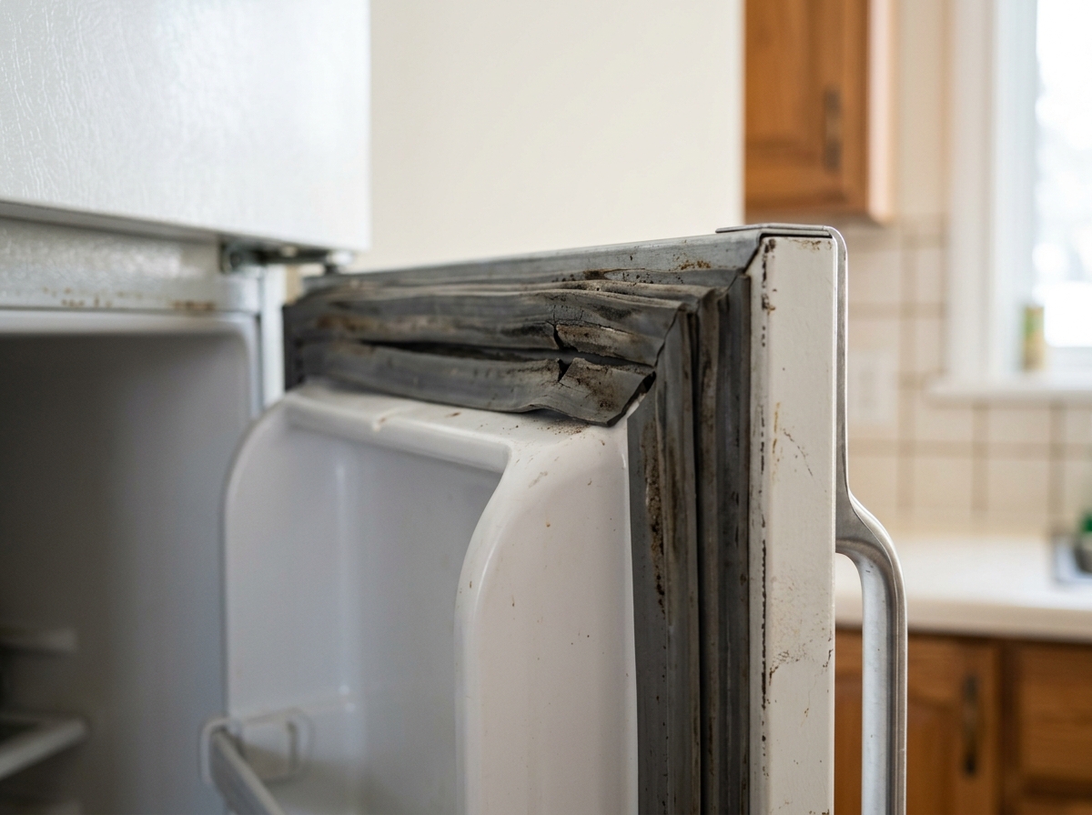 Refrigerator door gasket seal showing wear and gaps, causing warm air infiltration in a Montreal home