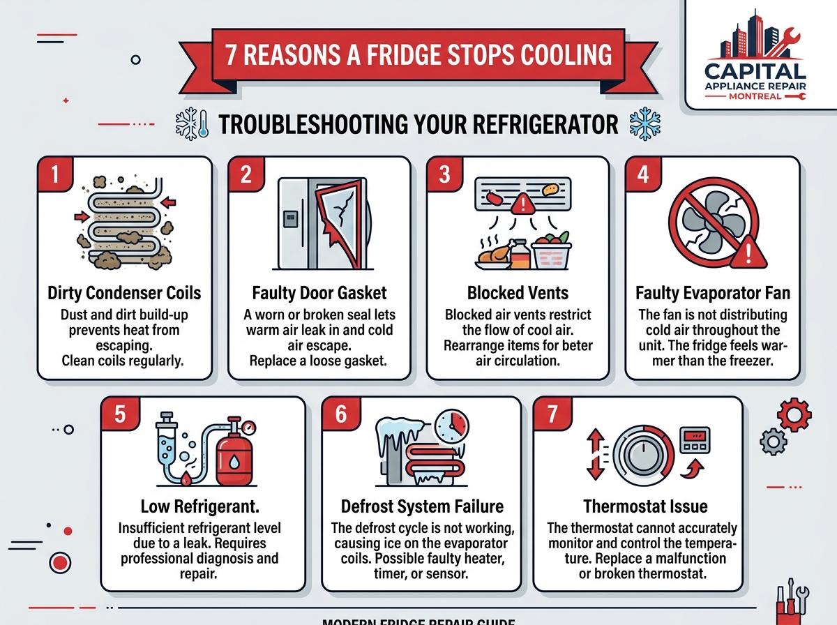 Infographic showing 7 common reasons a fridge stops cooling in Montreal homes