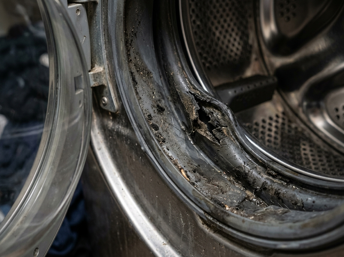Close-up of Samsung washer door boot seal showing debris and damage that causes leaks