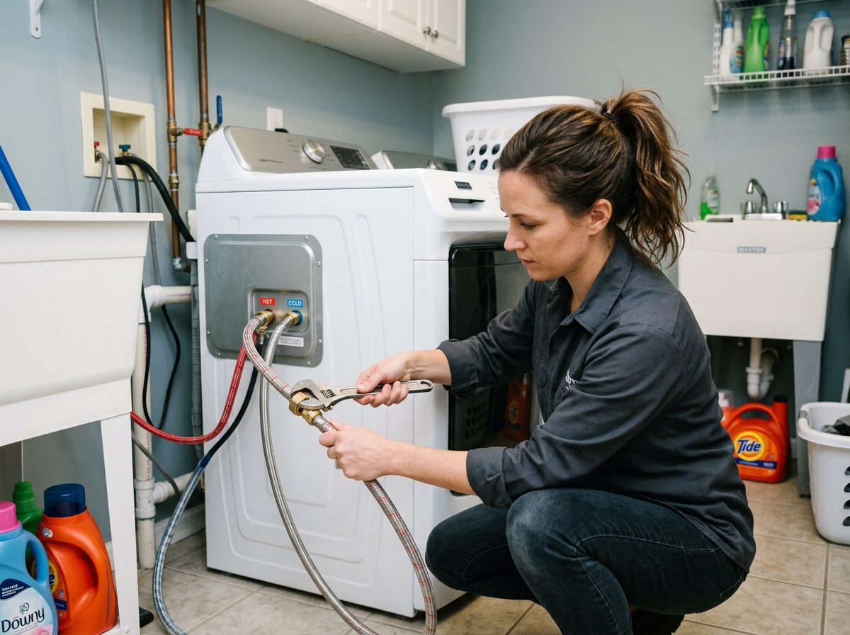 Person tightening washing machine water supply hose connection at back of machine