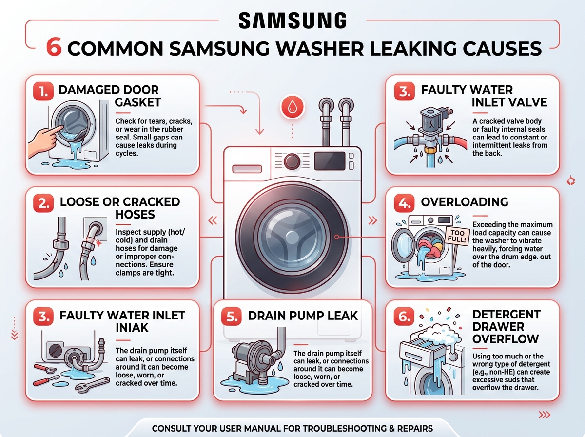 Infographic showing 6 common Samsung washer leaking causes and diagnostic tips