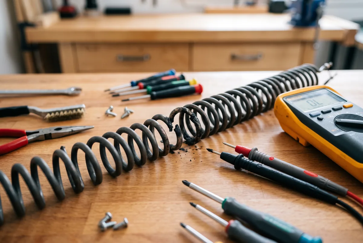 Burnt oven bake element on a workbench next to a multimeter