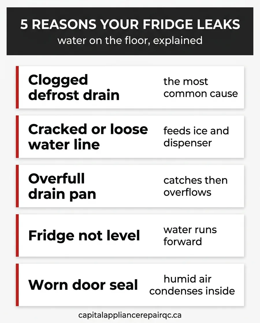 Infographic showing five reasons a fridge leaks water on the floor