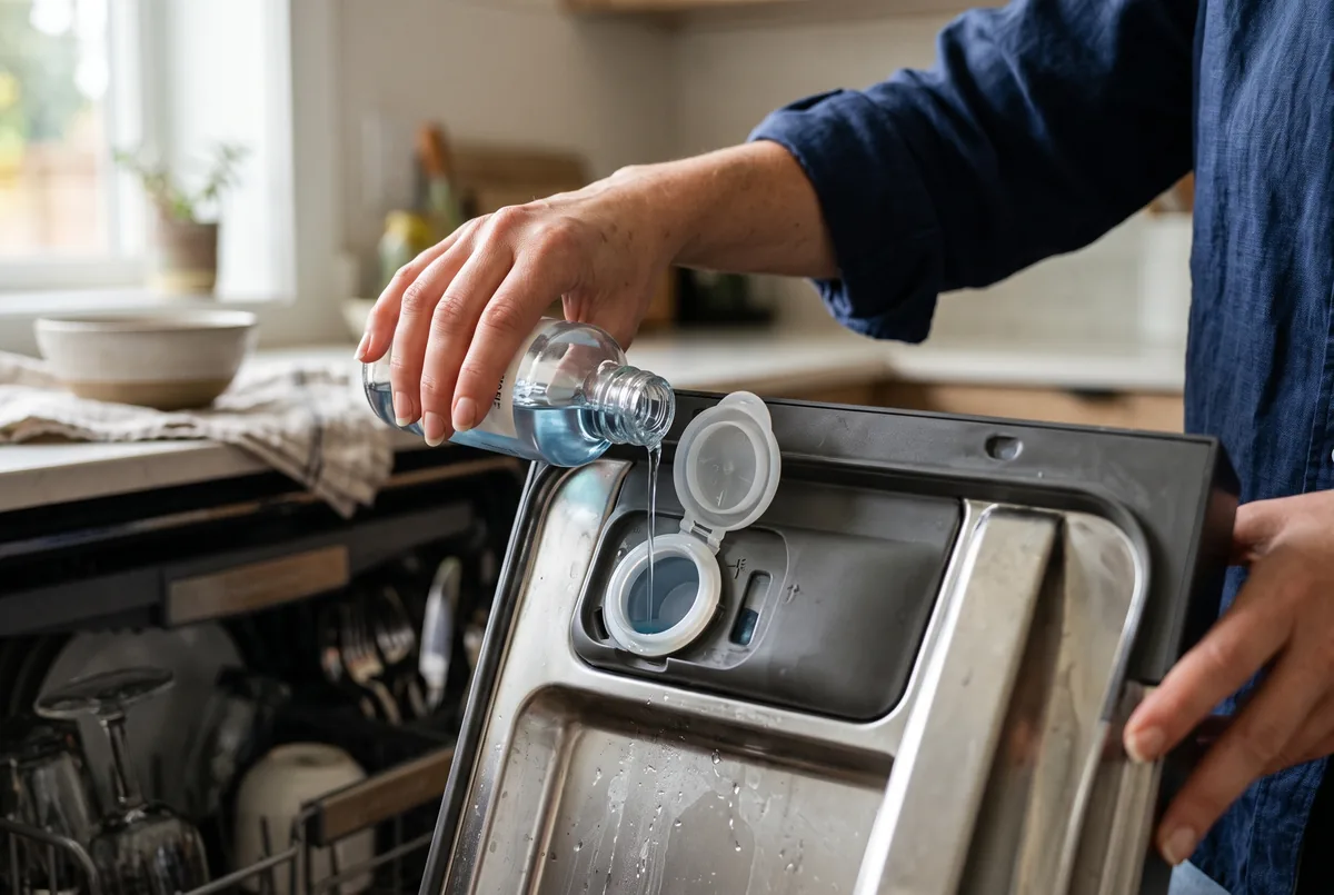 Refilling the rinse aid dispenser in an open dishwasher door
