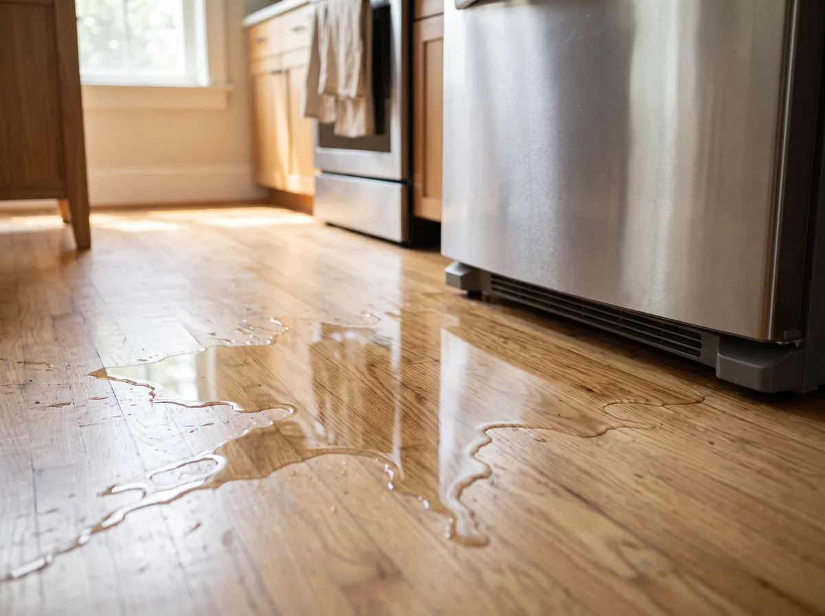 Puddle of water on the kitchen floor at the base of a refrigerator