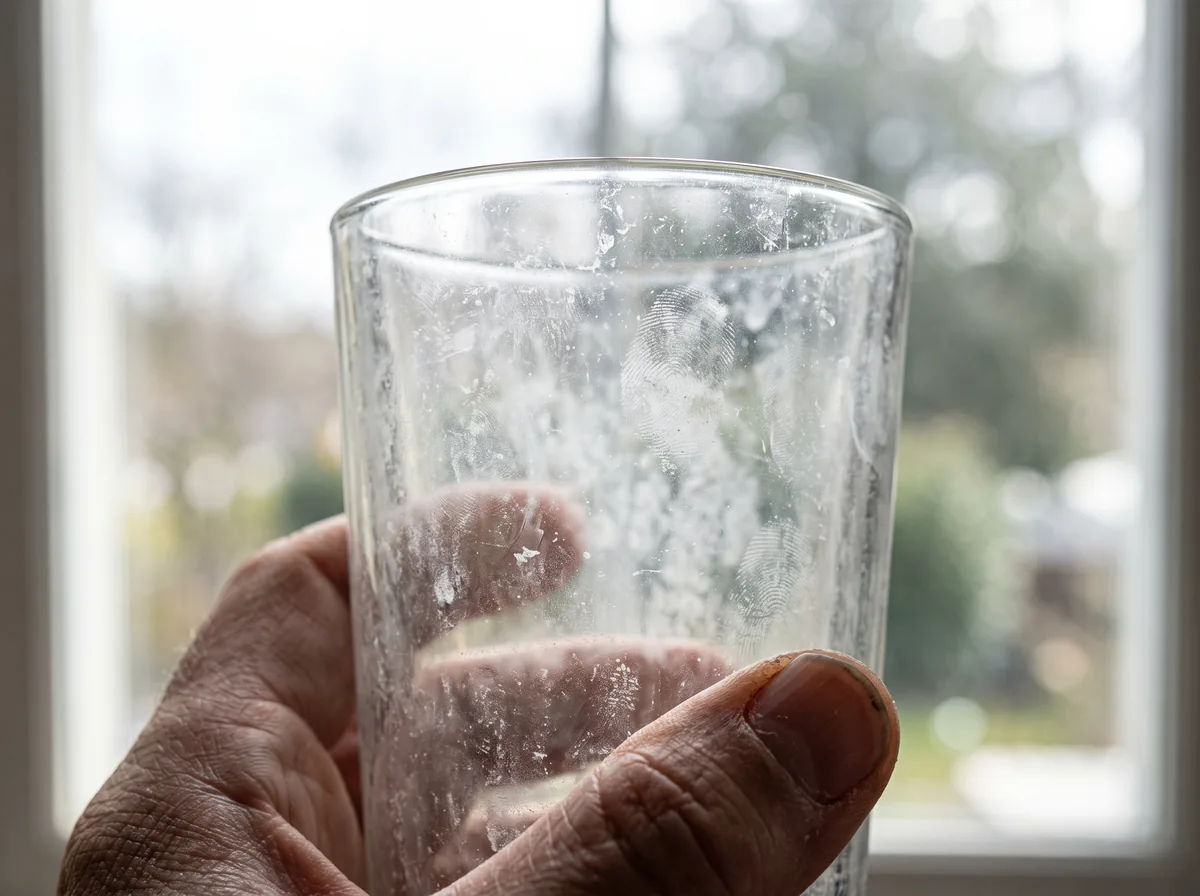 Drinking glass with a chalky white hard water film held to the light