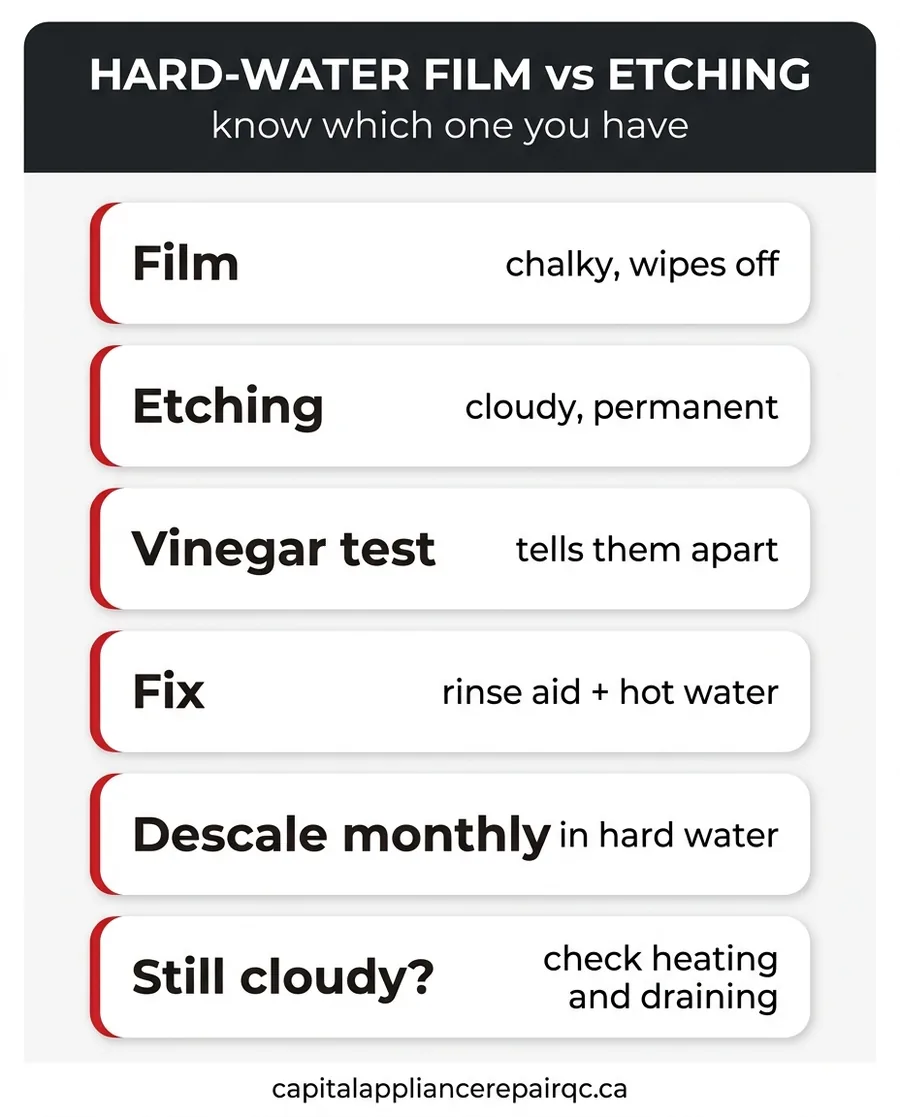 Infographic showing hard water film versus glass etching