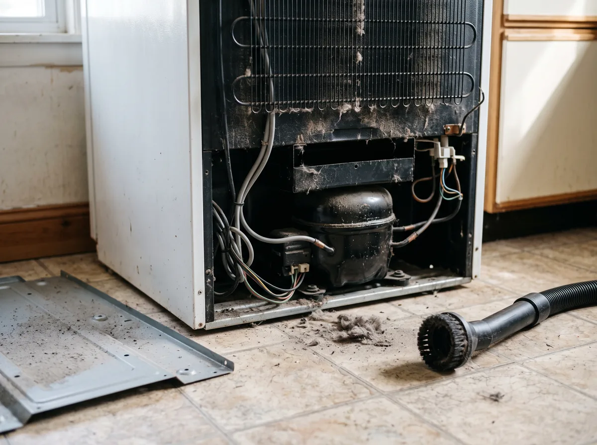Dusty condenser coils behind a fridge, a common cause of a loud humming noise