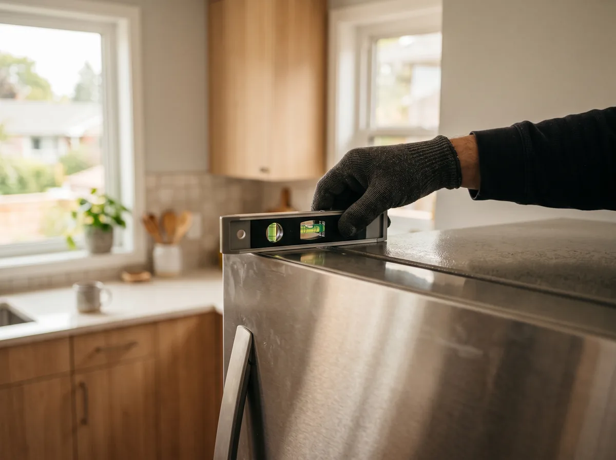 Checking that a refrigerator sits level to stop a buzzing, humming noise