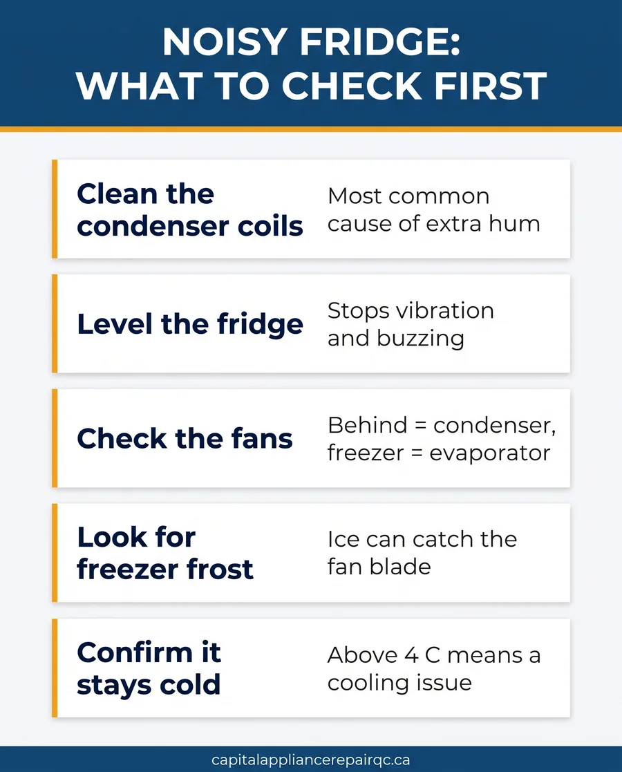 Checklist for a fridge making a loud humming noise: coils, level, fans, frost, and temperature
