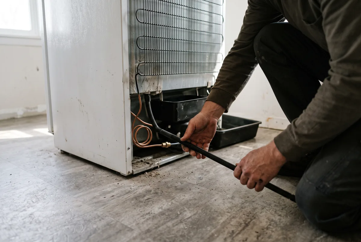 Technician inspecting the defrost drain and water line behind a refrigerator