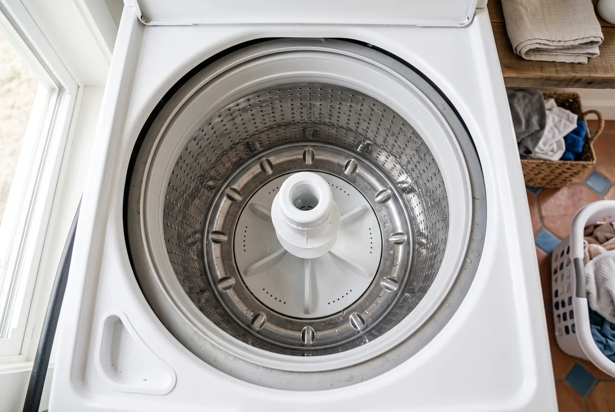 Top-load washer drum with central agitator viewed from above