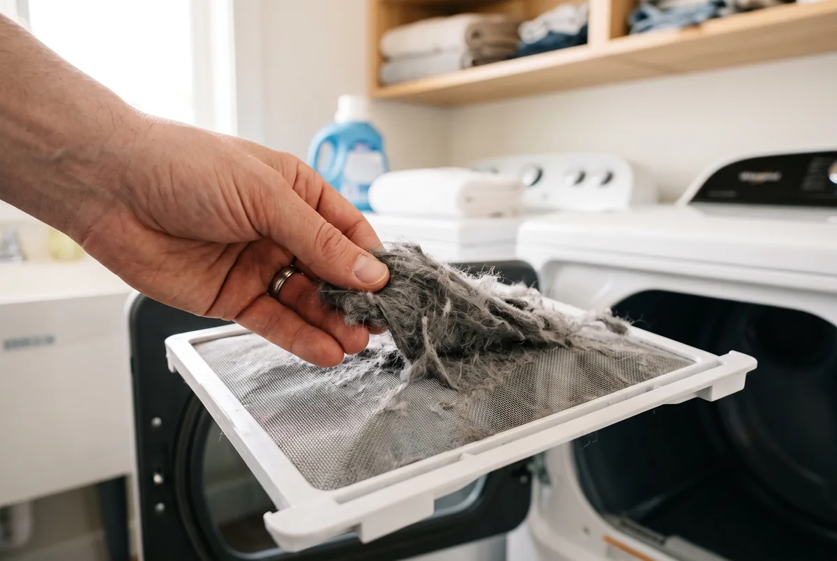 Pulling lint from a dryer lint trap during maintenance