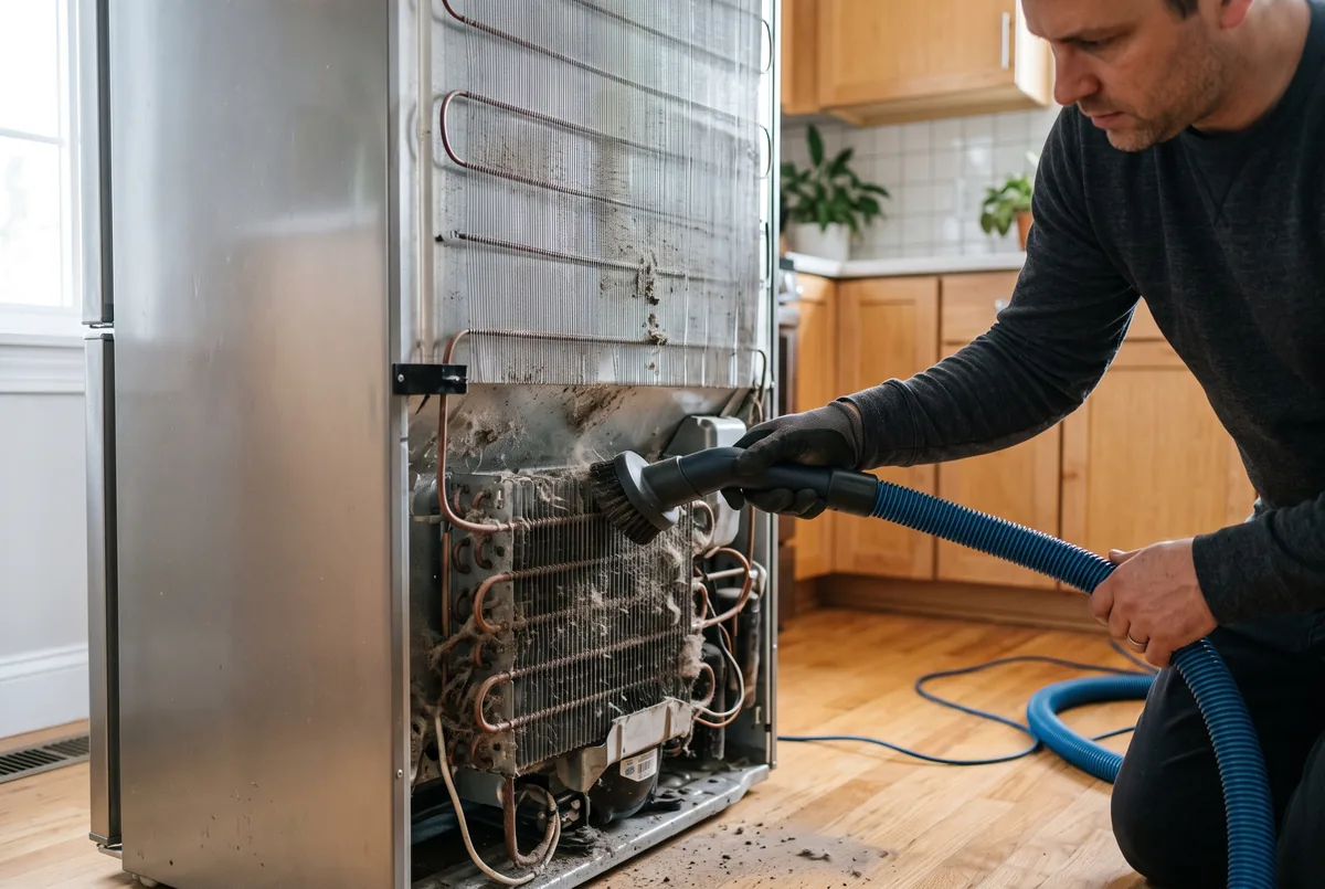 Cleaning dusty refrigerator condenser coils with a vacuum brush