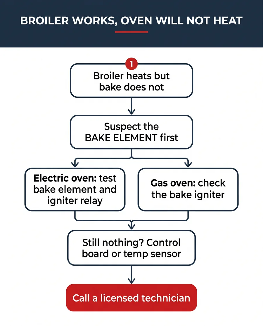 Diagnostic flowchart for an oven that will not heat but whose broiler works