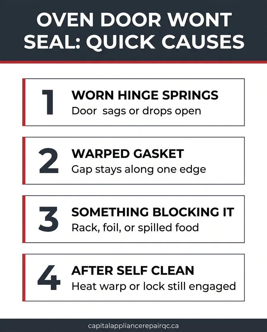 Card diagram of four causes of an oven door that wont close all the way