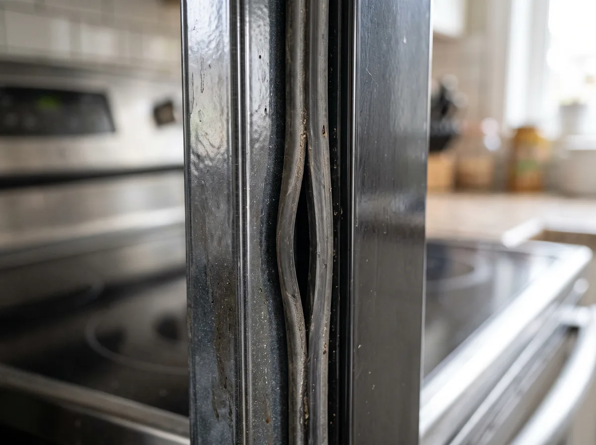 Close view of an oven gasket seal along the door frame with a small gap visible where it has pulled away