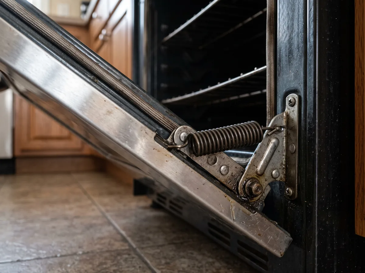 Oven door hinge and spring mechanism visible along the lower edge of an open oven door